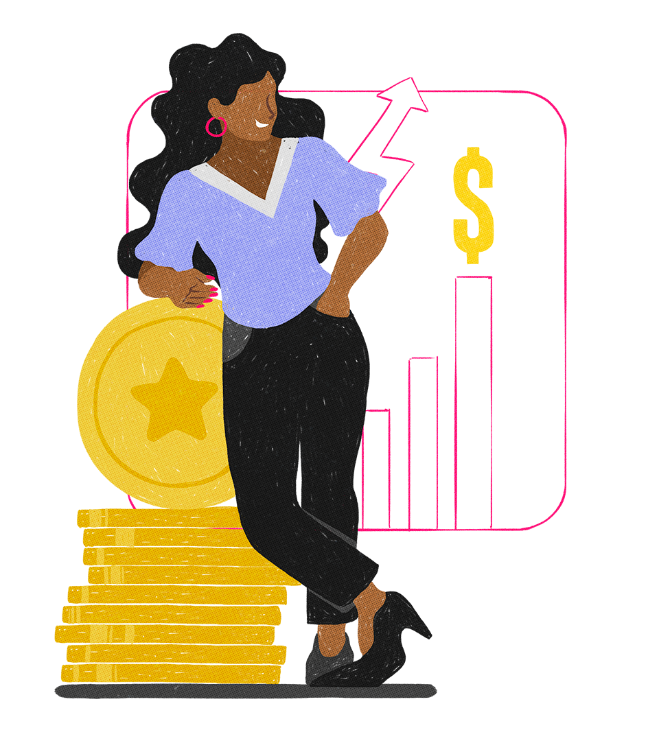ilustração mulher com moedas e gráfico subindo 